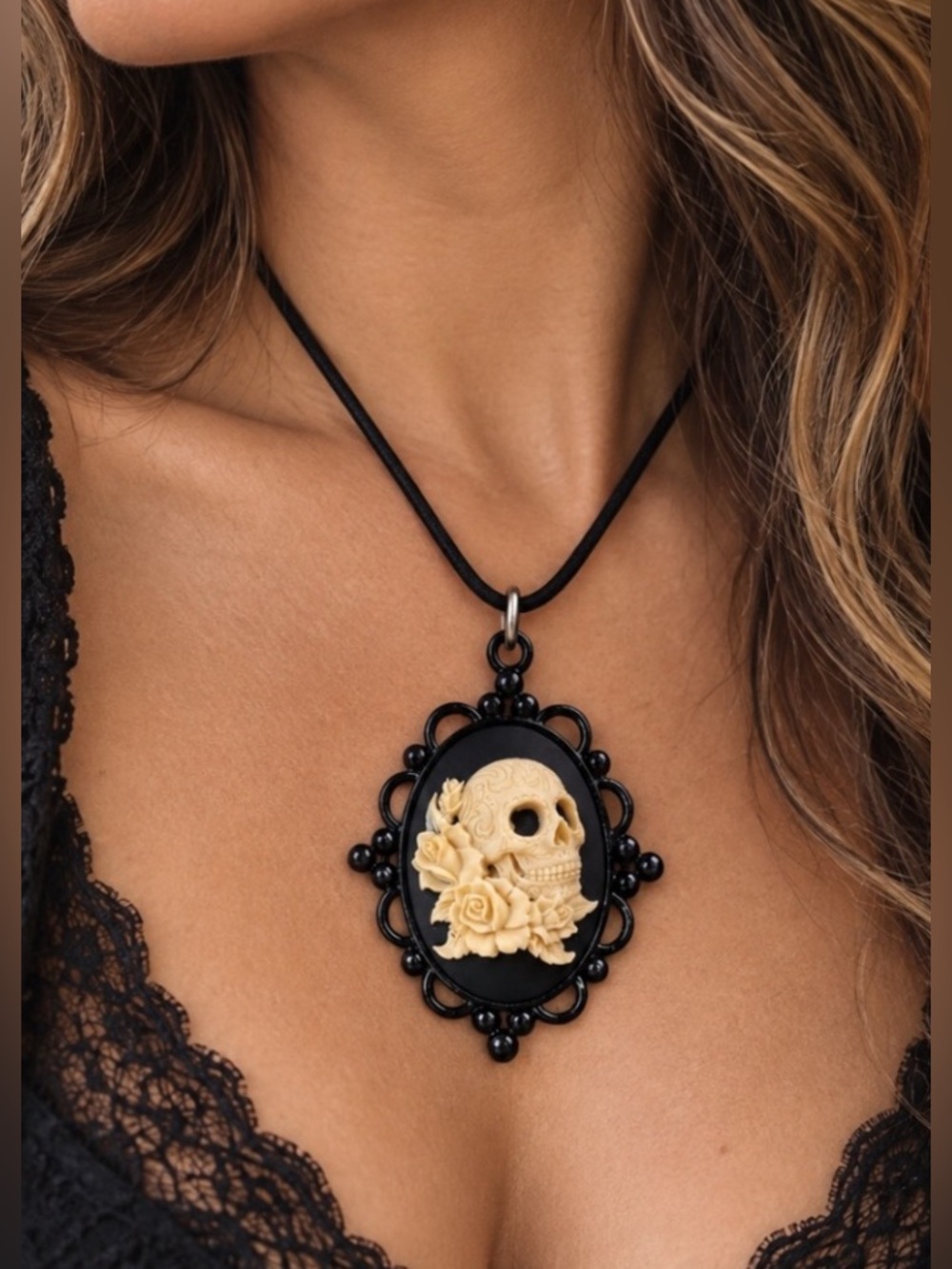 3D Sugar Skull Cameo Vintage Style Pendant Necklace Hand Crafted
